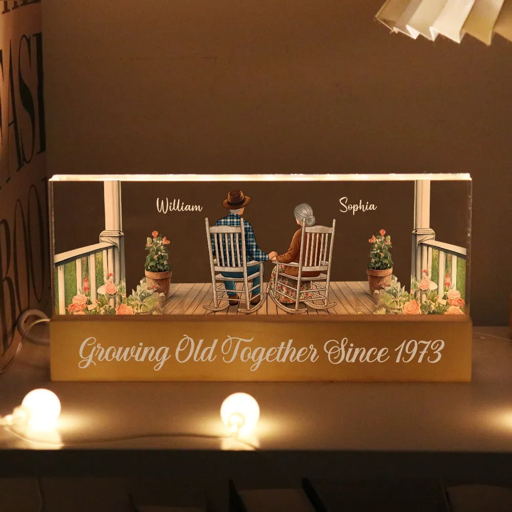 Old Couple Growing Old Together - Personalized 3D LED Light Wooden Base - Gift For Couple