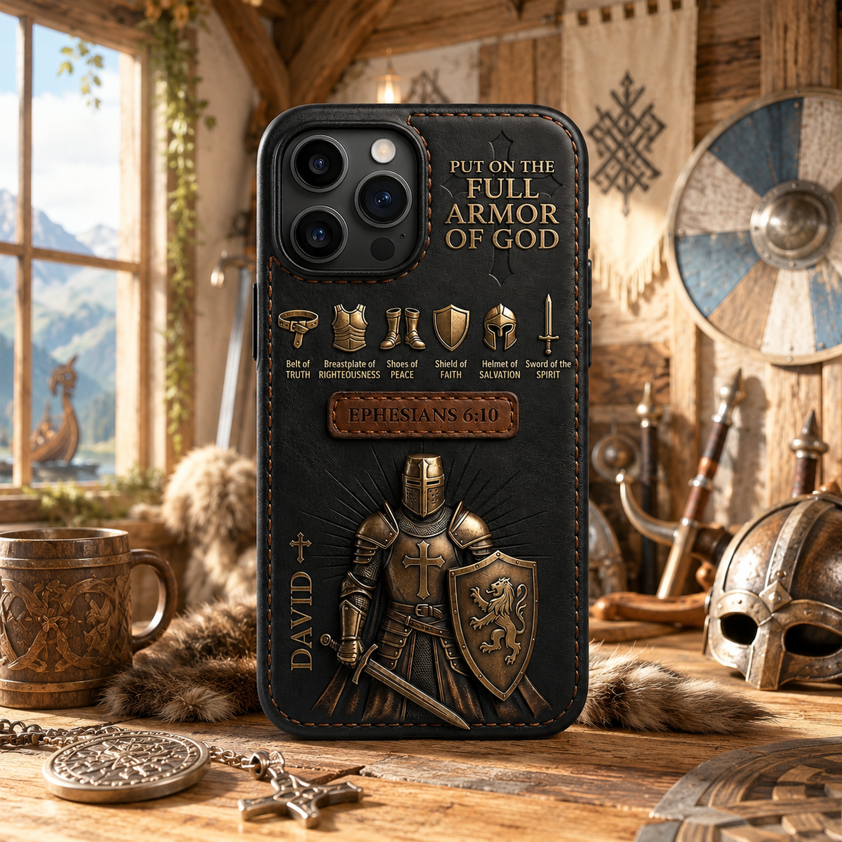 Personalized Armor of God Phone Case, Christian iPhone Case for Men, Ephesians 6:10 Scripture Case, Custom Name Leather Armor Design, Faith Gift