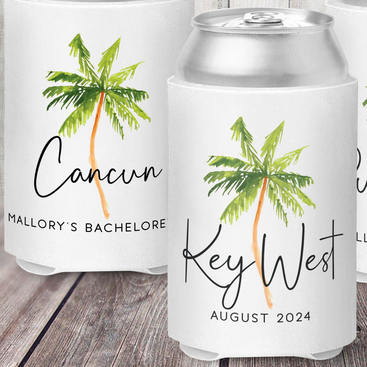 Custom Palm Tree Destination Can Coolers, Personalized Tropical Wedding Favors, Beach Family Vacation