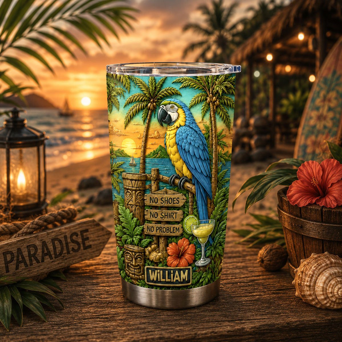 Personal Summer Tropical Parrot Beach - Personalized Tumbler