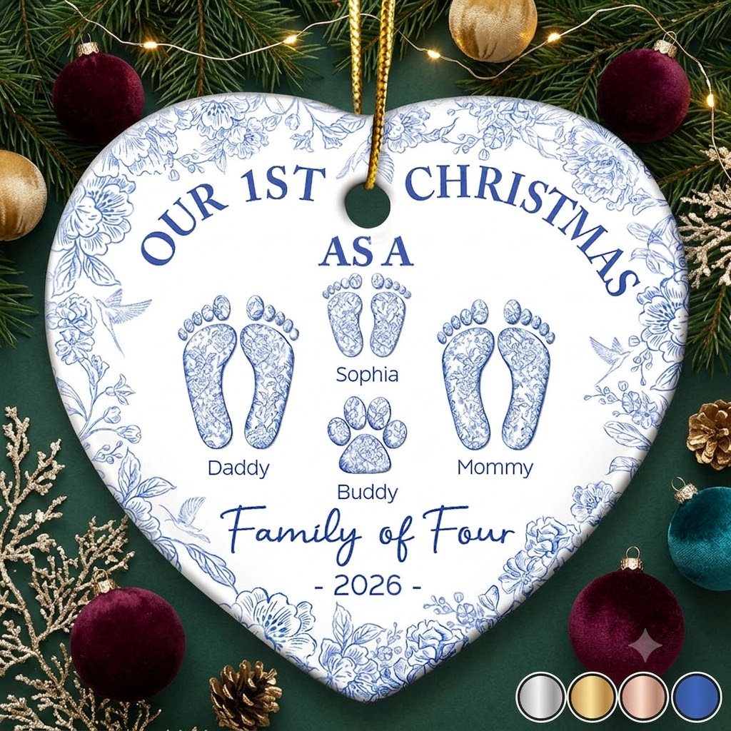 First Christmas As A Family Of Four Toile Footprints - Personalized Heart Ceramic Ornament