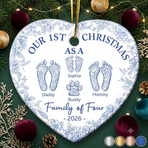 First Christmas As A Family Of Four Toile Footprints - Personalized Heart Ceramic Ornament