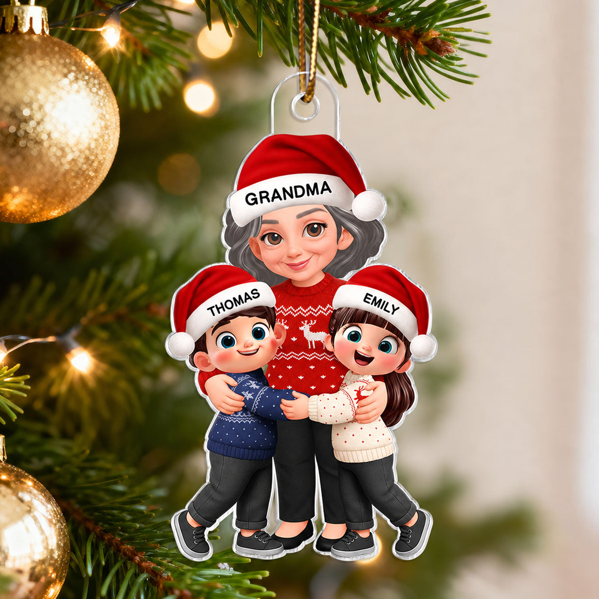 Endless Love Christmas Grandma Hugging Grandkids - Personalized Acrylic Ornament - Gift For Grandma, Grandkids