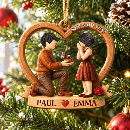 She Said Yes First Christmas Married Engaged Couple - Personalized Custom Shaped Wooden Ornament