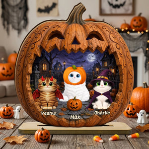 Spooky Halloween Pumpkin Cats 2D Flat Printed - Personalized Wooden Plaque - Halloween Decor For Cat Lovers