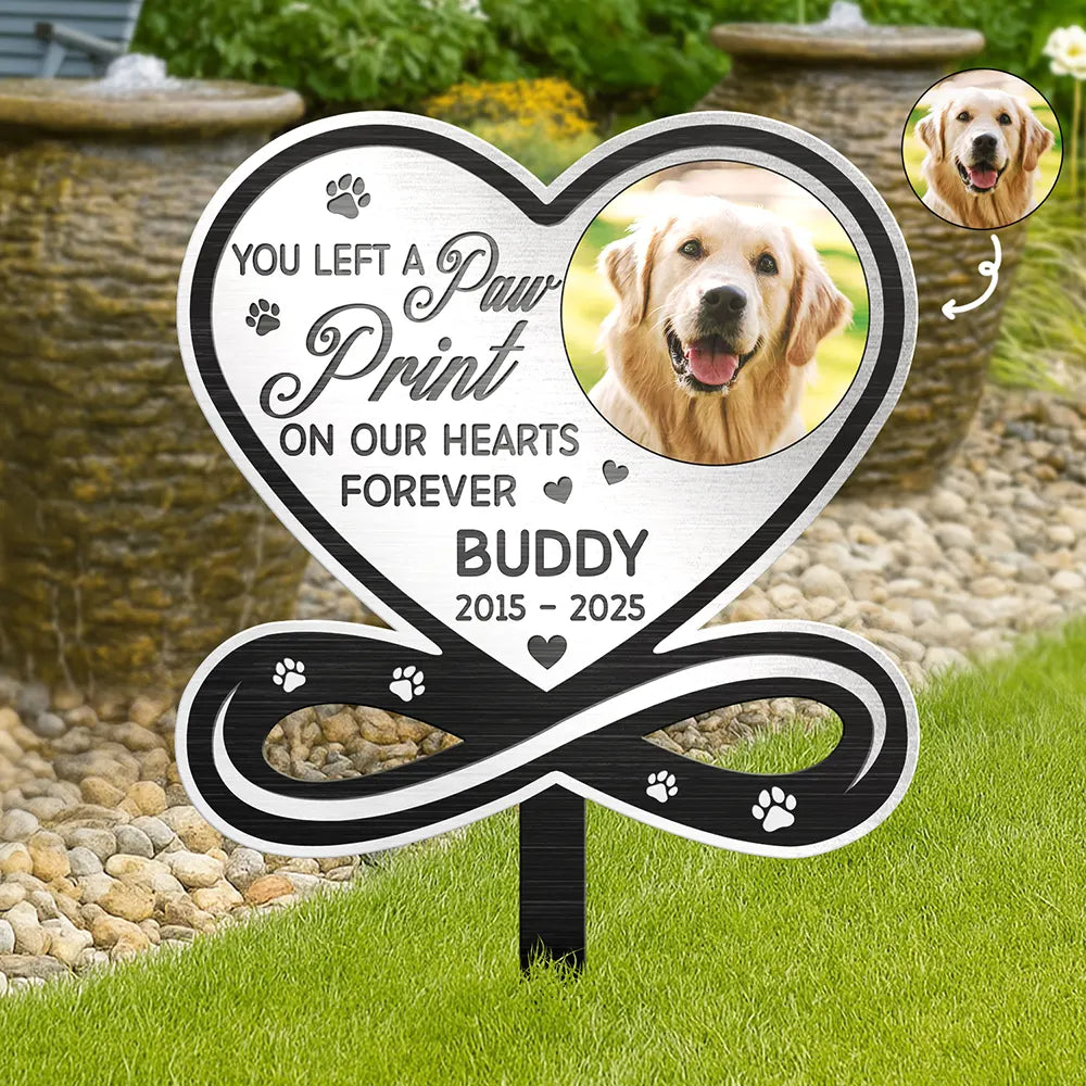 Custom Photo You Left A Paw Print On Our Hearts Forever Memorial - Personalized Metal Sign