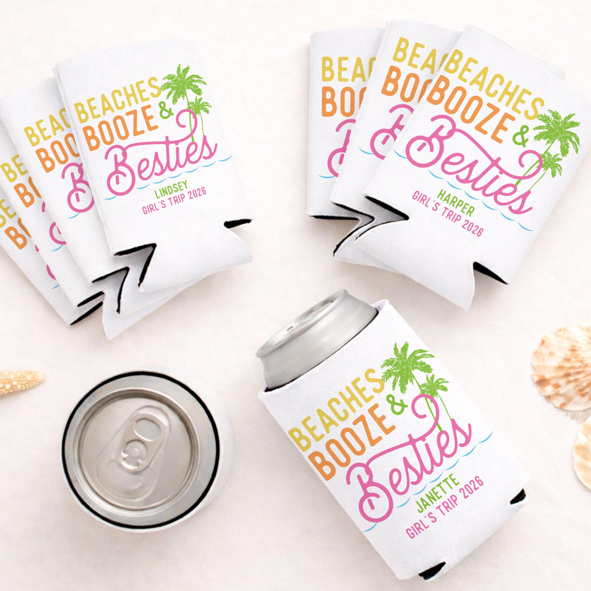 Personalized Beach Booze & Besties Can Coolers, Beach Bachelorette and Girls Trip Party Favors