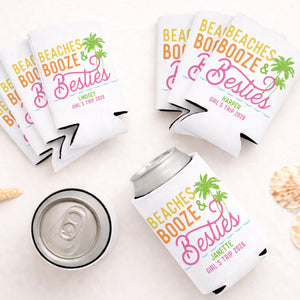 Personalized Beach Booze & Besties Can Coolers, Beach Bachelorette and Girls Trip Party Favors