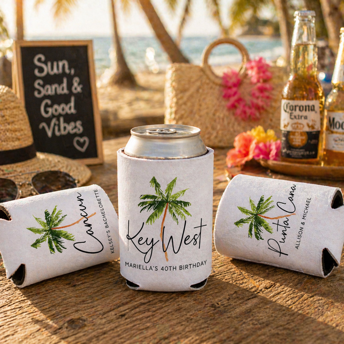 Custom Palm Tree Destination Can Coolers, Personalized Tropical Wedding Favors, Beach Family Vacation