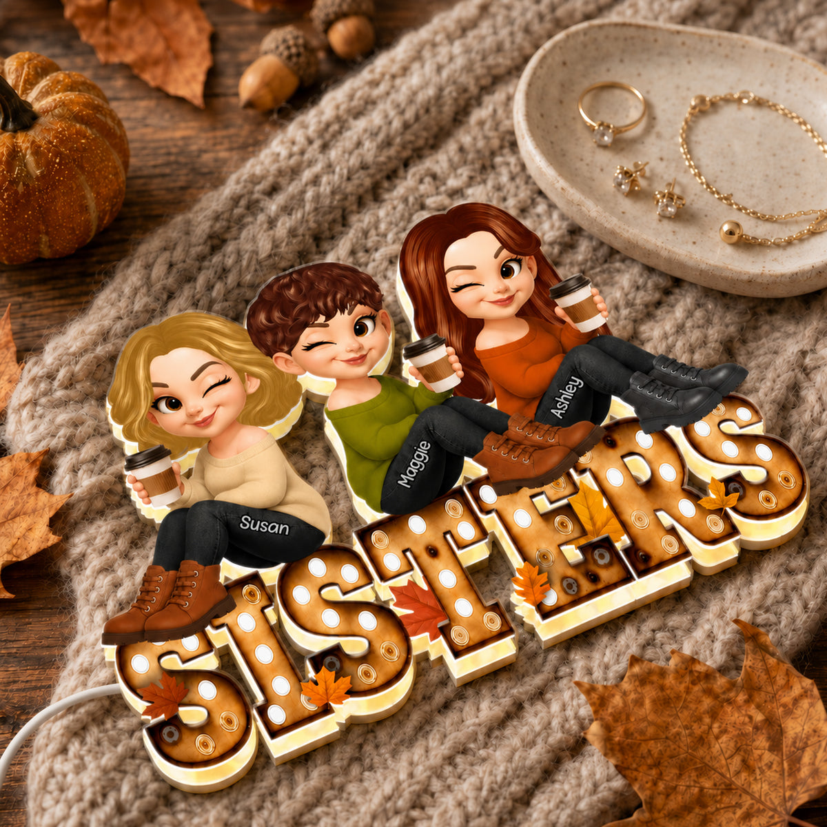 Fall Besties Sitting On Text Marquee Effect Personalized Light Box, Meaningful Gift For Best Friends