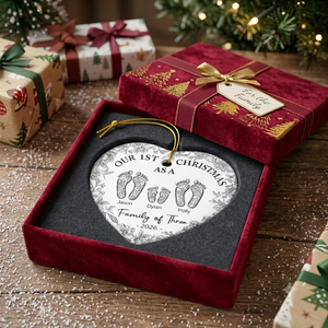 First Christmas As A Family Of Four Toile Footprints - Personalized Heart Ceramic Ornament
