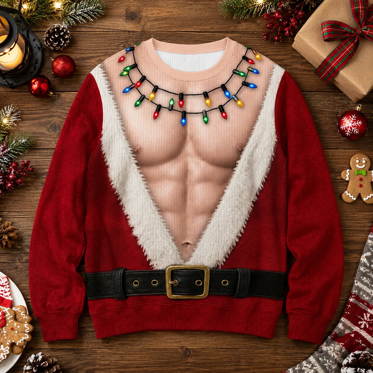 Custom Funny Ugly Sweatshirt - Personalized Christmas Birthday Gifts For Husband, Son, Grandson, Brother, Grandpa, Dad, Yourself - Santa Abs On Full Display Today