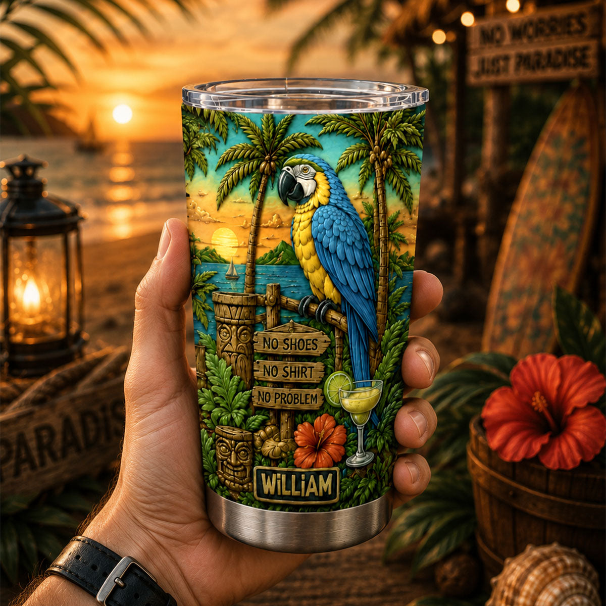 Personal Summer Tropical Parrot Beach - Personalized Tumbler