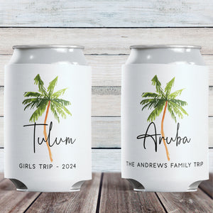 Custom Palm Tree Destination Can Coolers, Personalized Tropical Wedding Favors, Beach Family Vacation