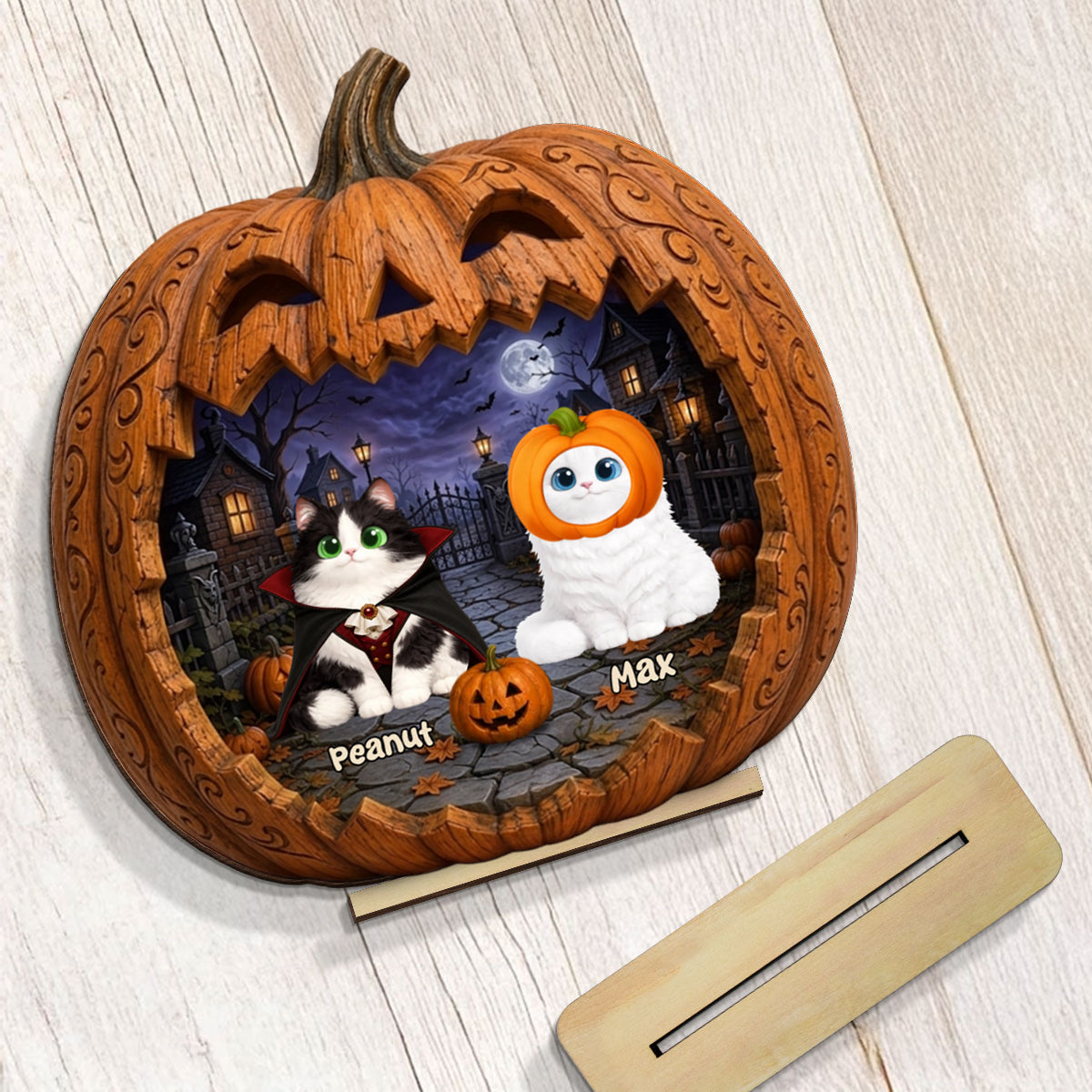 Spooky Halloween Pumpkin Cats 2D Flat Printed - Personalized Wooden Plaque - Halloween Decor For Cat Lovers
