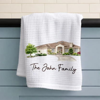 Custom Photo Colored Pencil Sketch Our First Home Family Parents - Personalized Kitchen Towel