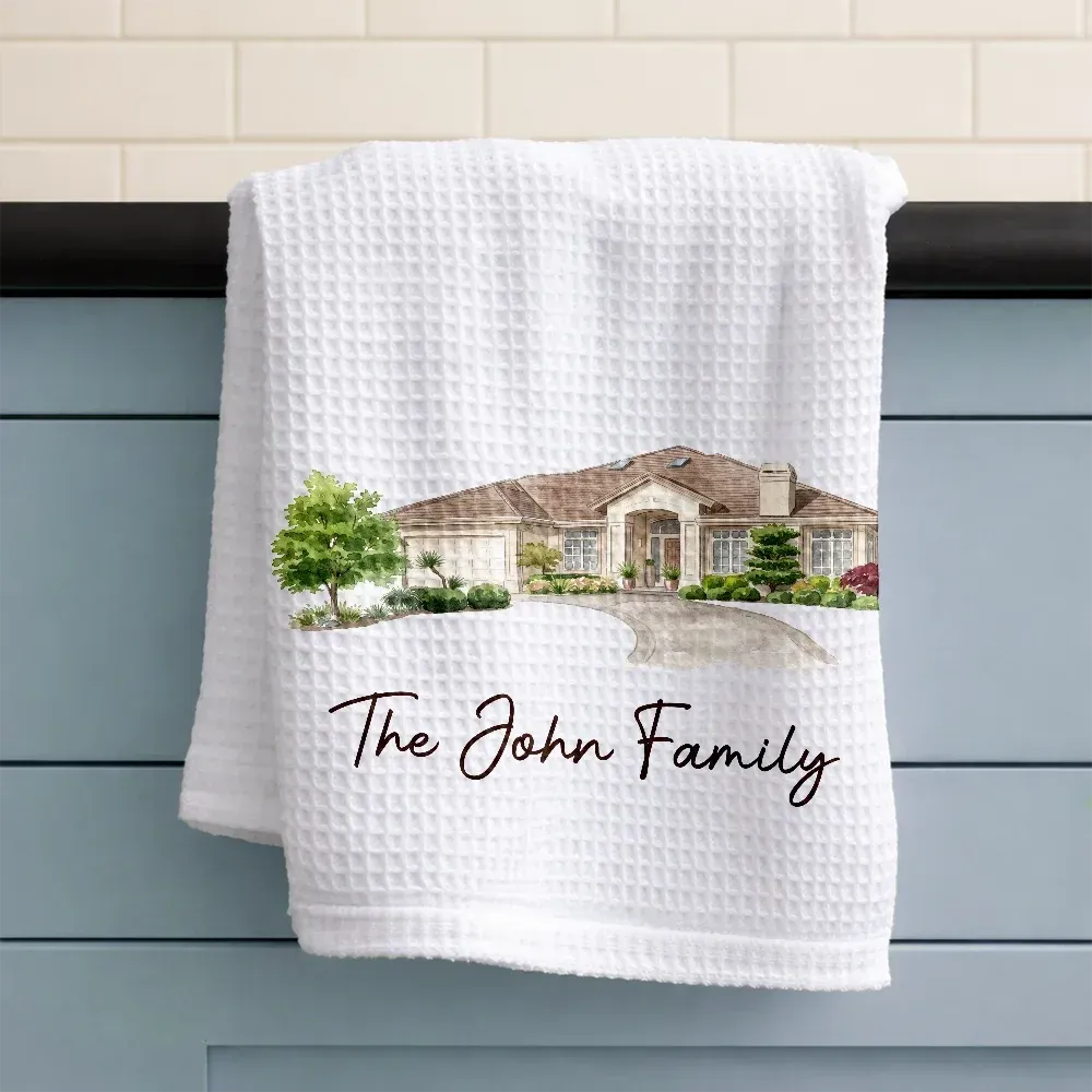 Custom Photo Colored Pencil Sketch Our First Home Family Parents - Personalized Kitchen Towel
