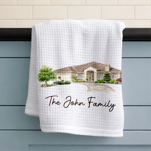 Custom Photo Colored Pencil Sketch Our First Home Family Parents - Personalized Kitchen Towel