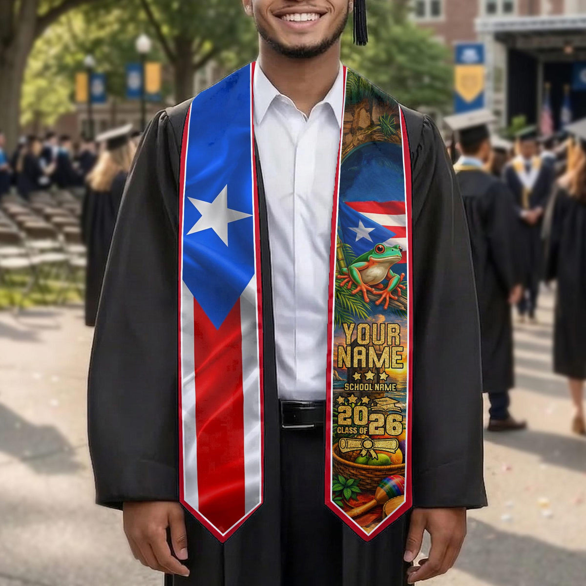 Puerto Rico Graduation Stole Class of 2026, Custom Name Boricua Flag Sash Coqui Design, Senior Grad Gift, College Gift