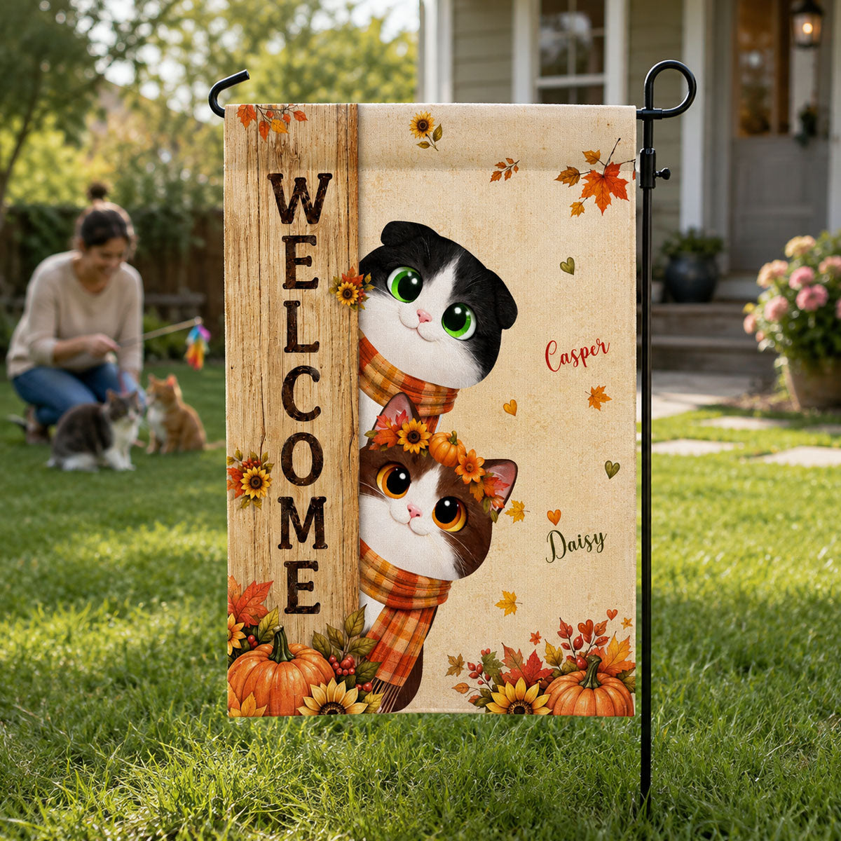 Welcome Cozy Fall Cat - Personalized Garden Flag - Fall Season Decoration, Gift For Cat Lovers