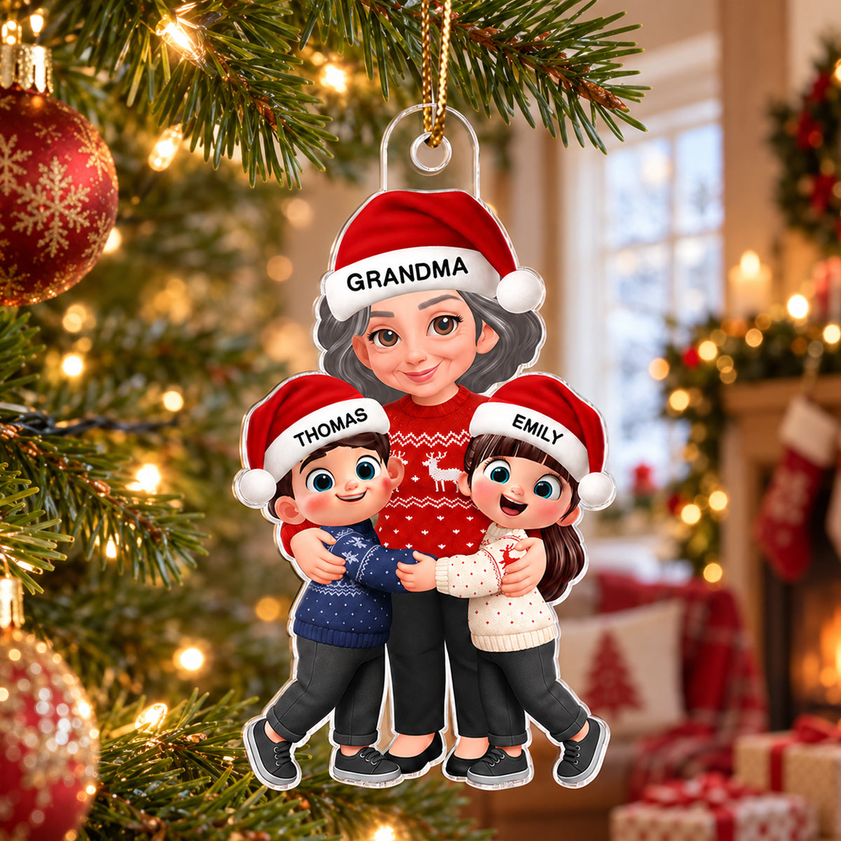 Endless Love Christmas Grandma Hugging Grandkids - Personalized Acrylic Ornament - Gift For Grandma, Grandkids