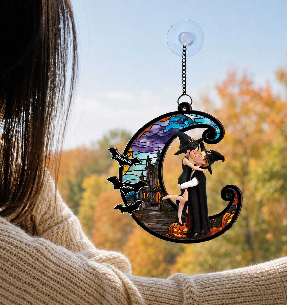Halloween Couple Hugging Kissing On Moon Personalized Suncatcher, Halloween Decor