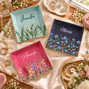 Custom Birth Flower & Name For Her, Gift For Friends, Coworkers, Daughters, Sisters - Personalized Jewelry Dish