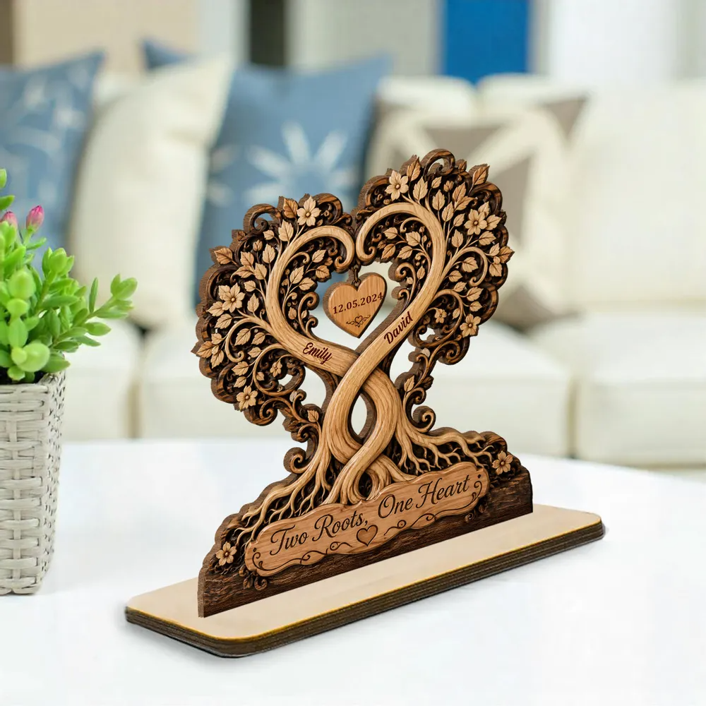 Two Roots, One Heart Tree of Love - Personalized Wooden Plaque