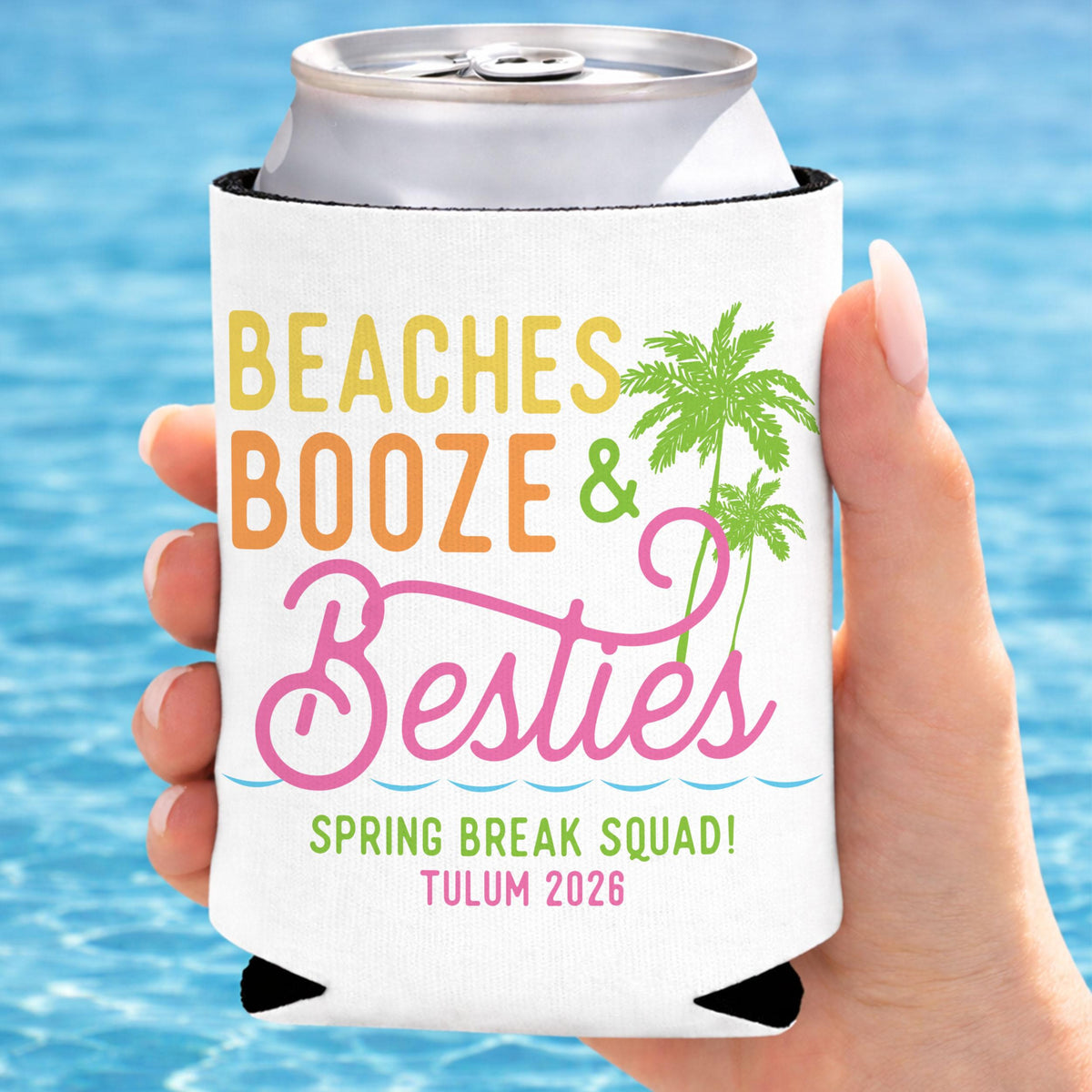 Personalized Beach Booze & Besties Can Coolers, Beach Bachelorette and Girls Trip Party Favors