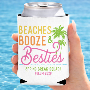 Personalized Beach Booze & Besties Can Coolers, Beach Bachelorette and Girls Trip Party Favors
