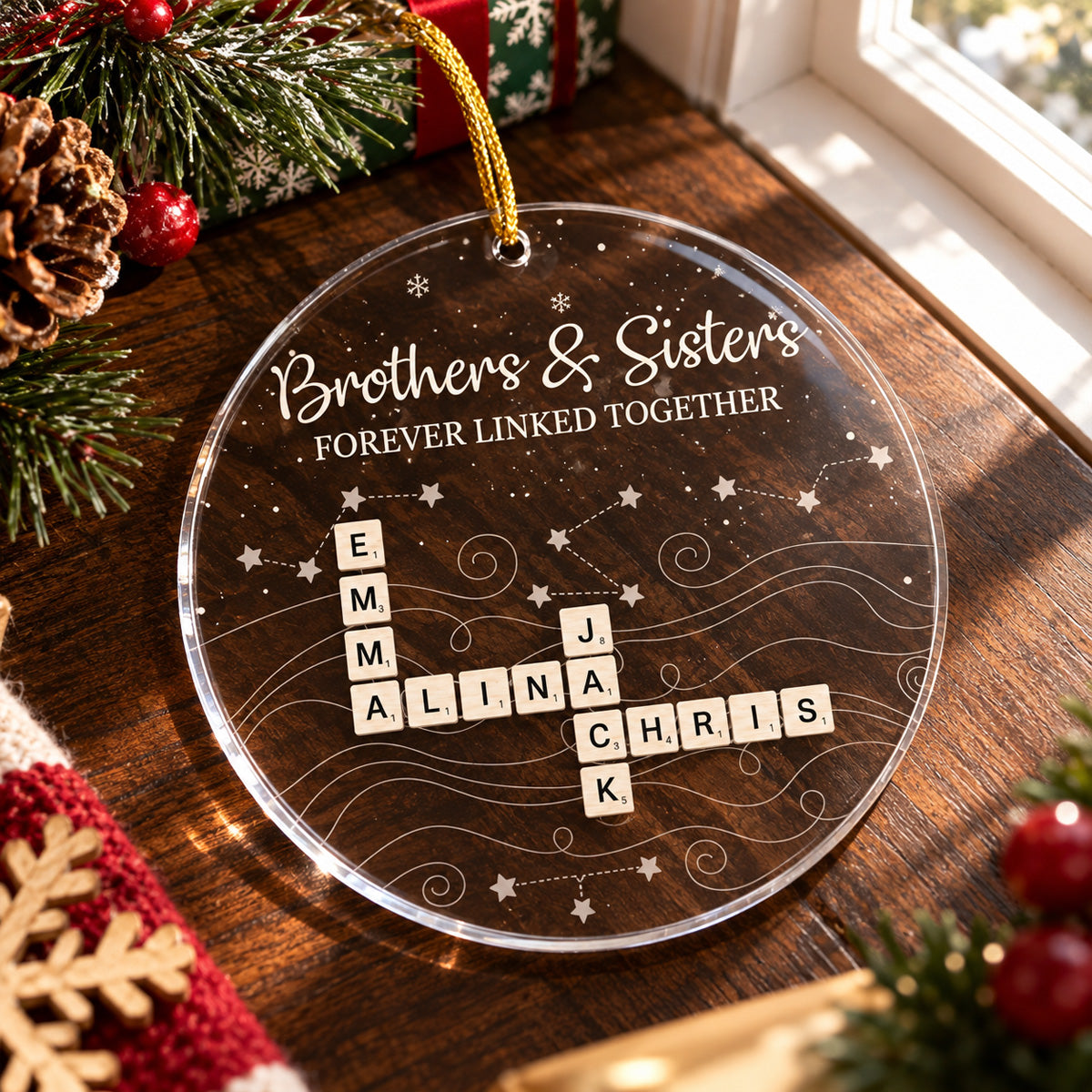 Brothers & Sisters Forever Linked Together Scrabble 2026 Christmas Ornament - Personalized Acrylic Ornament
