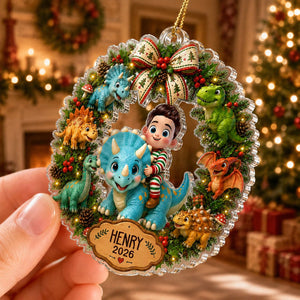 Cute Cartoon Kid With Dinosaur - Personalized Acrylic Ornament - Christmas Gift For Boys, Girls