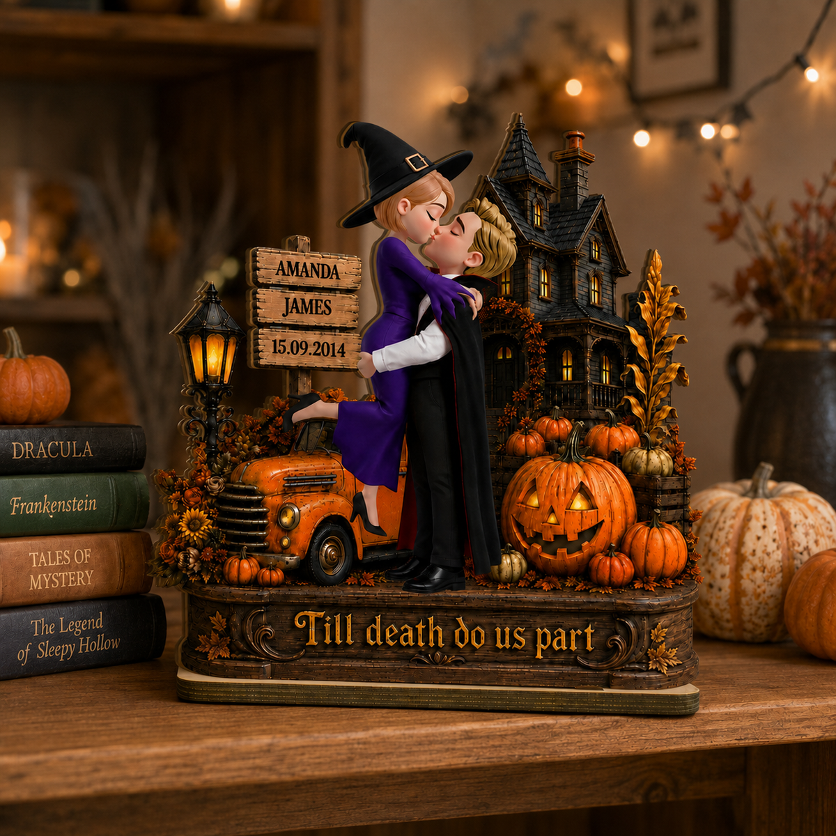 Couple Halloween Haunted House - Personalized Wooden Plaque - Halloween Decor Keepsake for Her, for Him