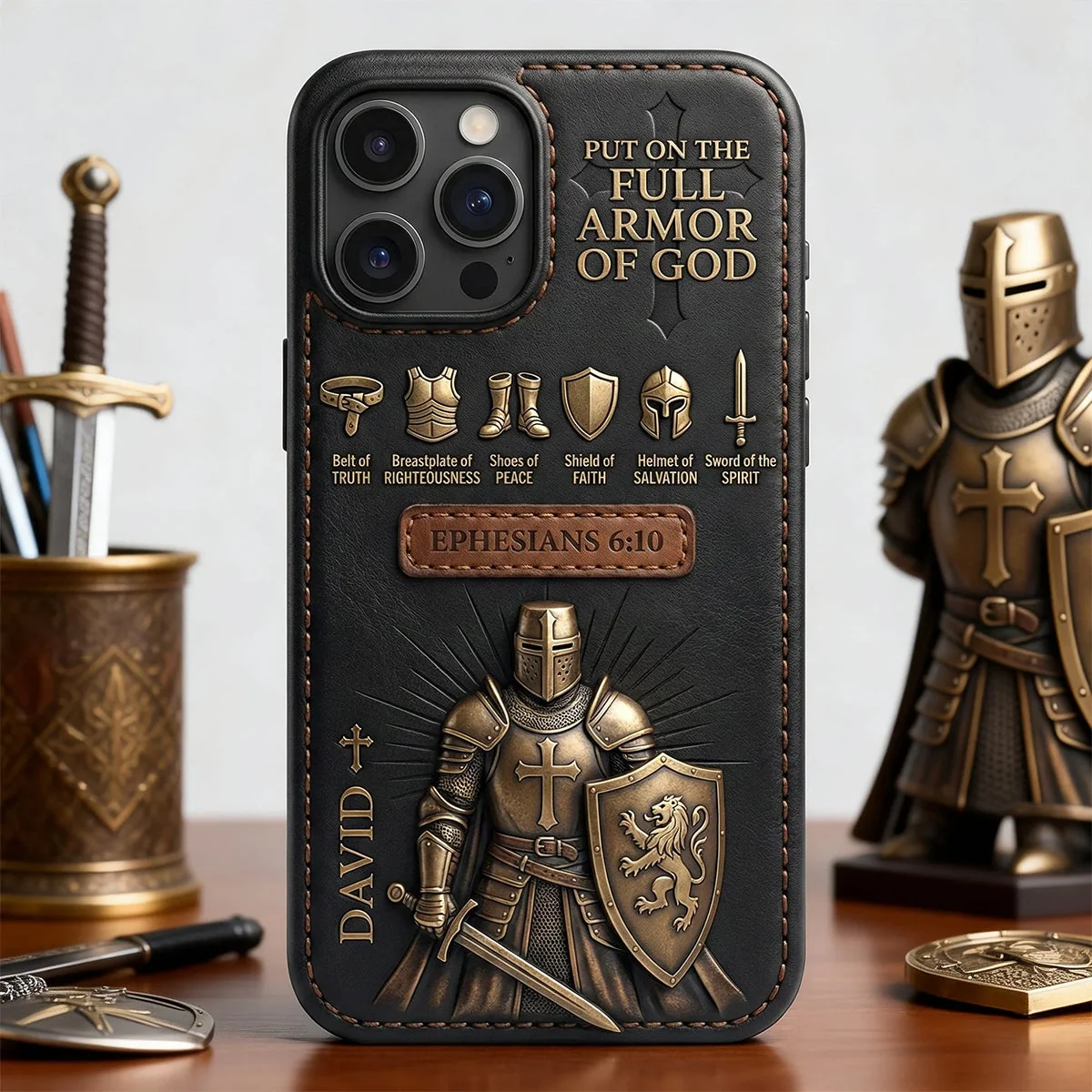 Personalized Armor of God Phone Case, Christian iPhone Case for Men, Ephesians 6:10 Scripture Case, Custom Name Leather Armor Design, Faith Gift