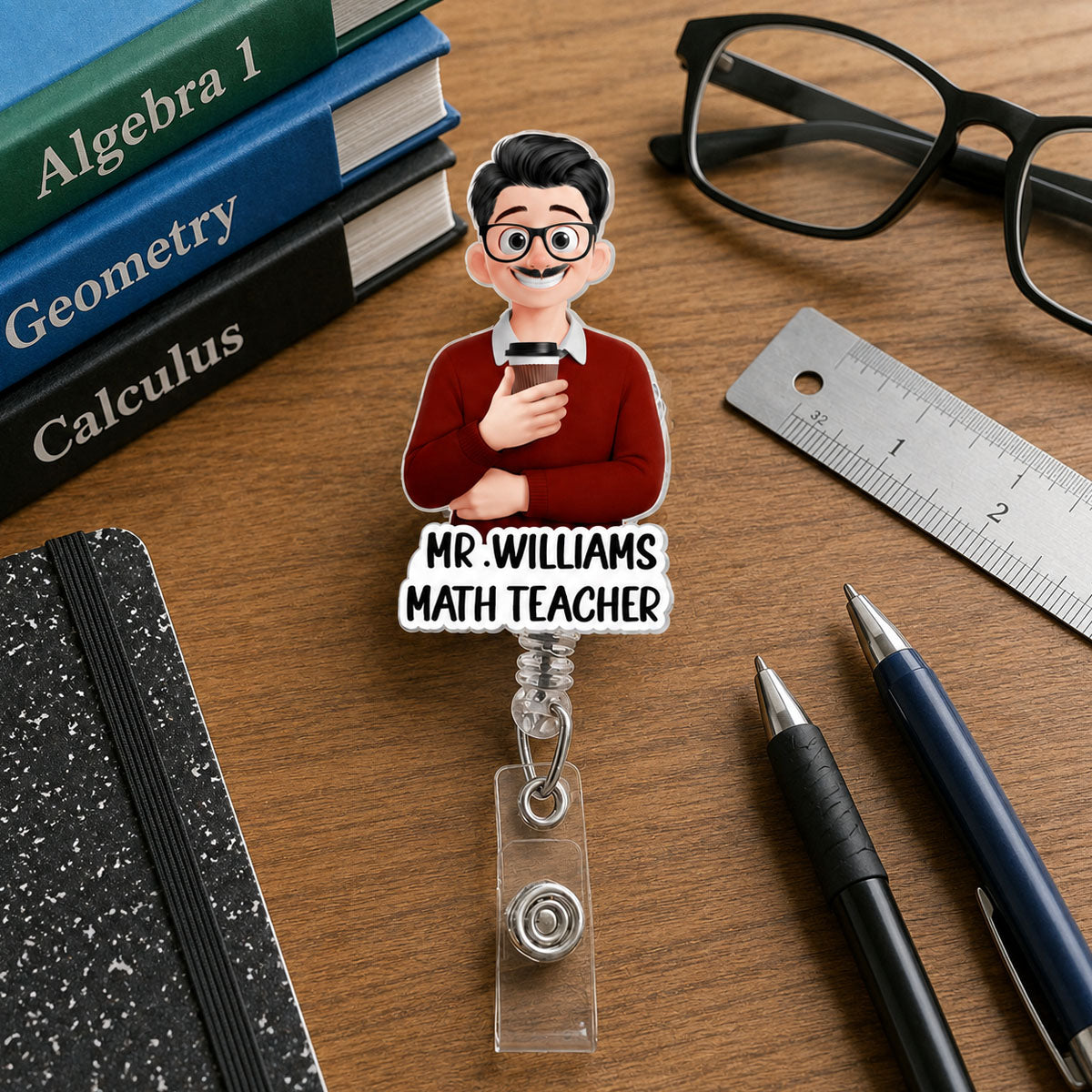Custom Character For Teacher, Coworker, Boss With Name - Personalized Acrylic Badge Reel