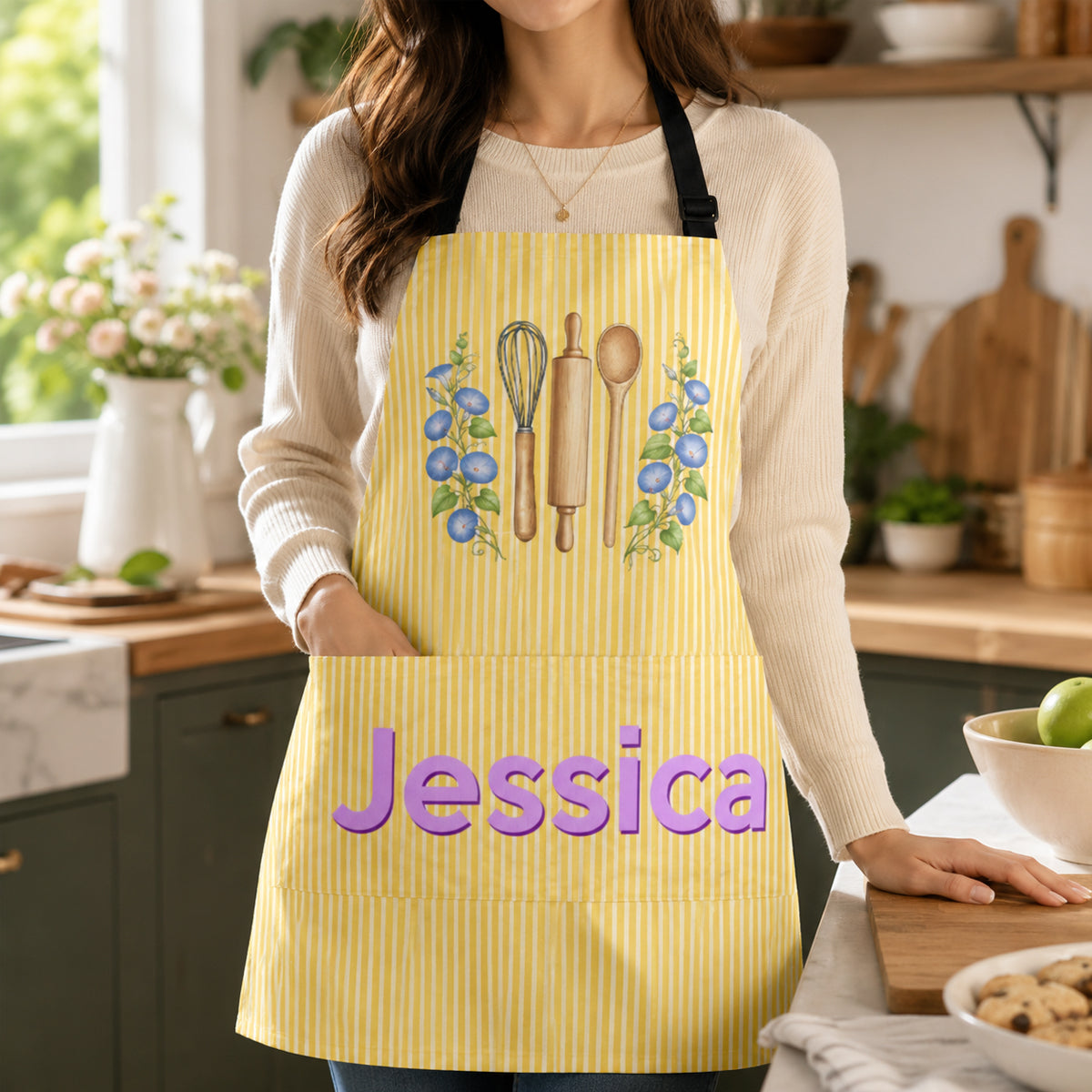 Custom Name & Birth Flower Striped Pattern - Personalized Apron