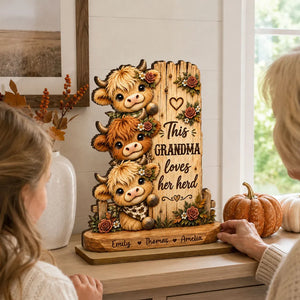 This Grandma Loves Her Herd - Personalized 2-Layered Wooden Plaque - Cozy Fall Decor for Grandma
