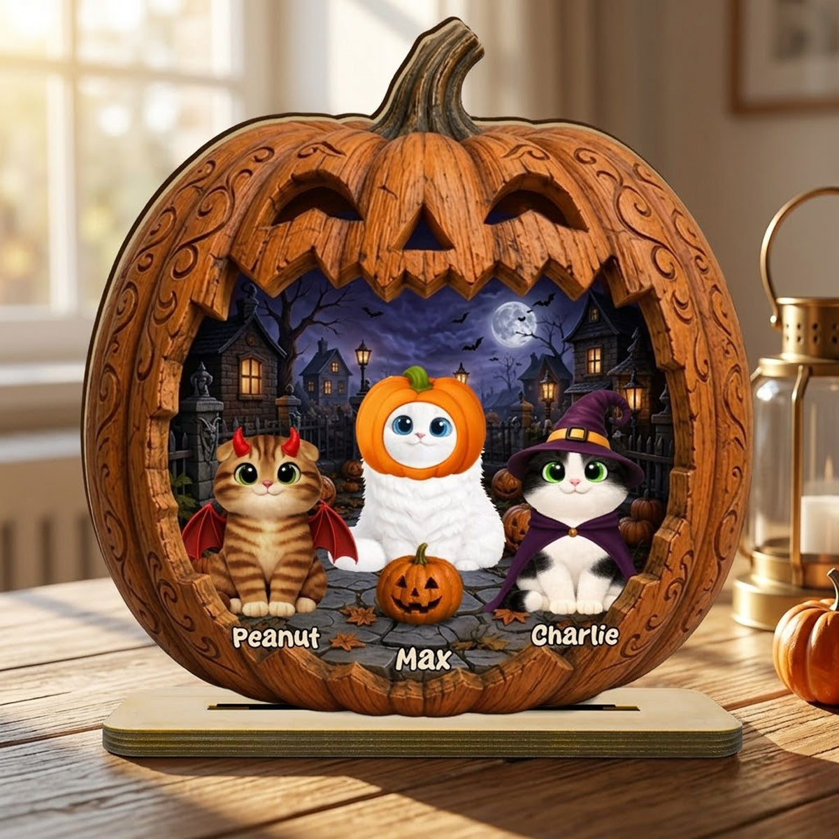 Spooky Halloween Pumpkin Cats 2D Flat Printed - Personalized Wooden Plaque - Halloween Decor For Cat Lovers
