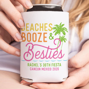 Personalized Beach Booze & Besties Can Coolers, Beach Bachelorette and Girls Trip Party Favors