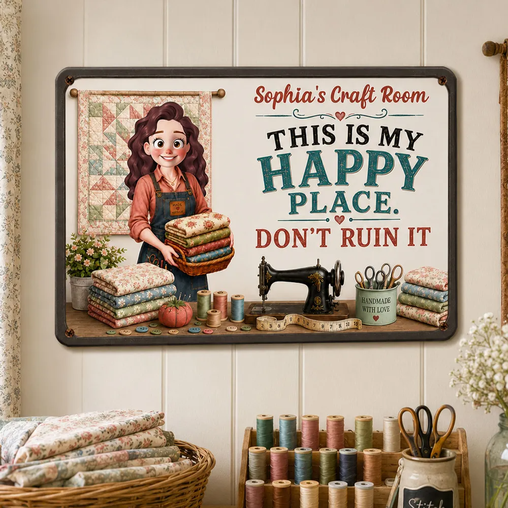 This Is My Happy Place Don't Ruin It Sewing Girl - Personalized Metal Sign
