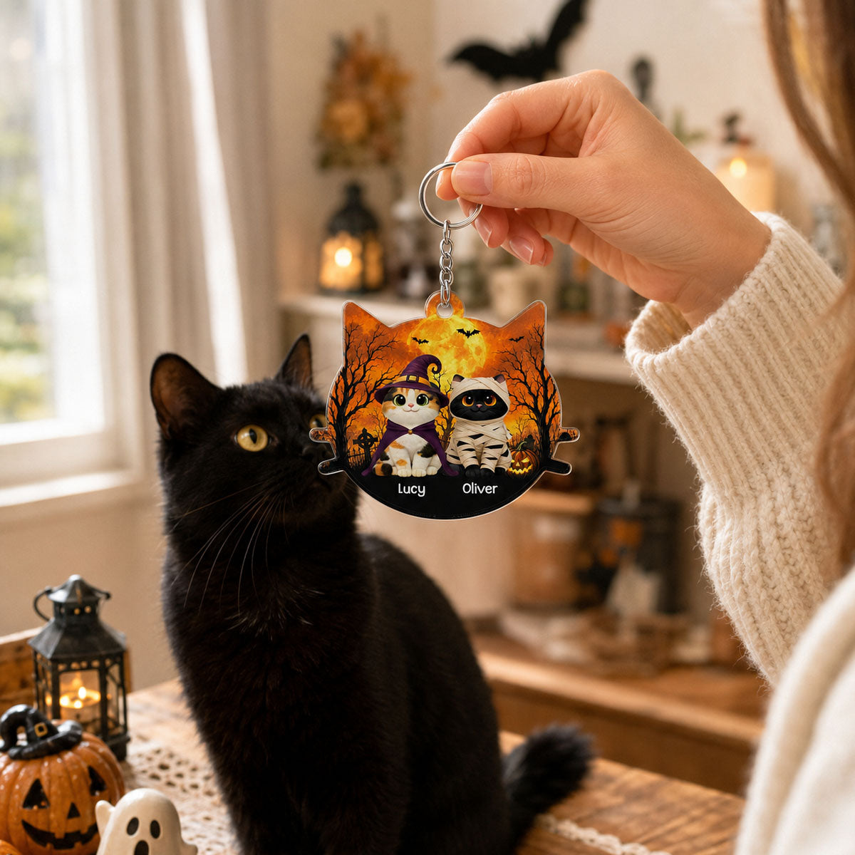 Halloween Cat Face Shaped - Personalized Acrylic Keychain - Halloween Gift For Cat Lovers
