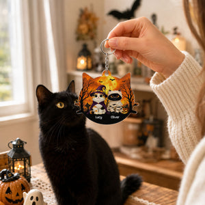 Halloween Cat Face Shaped - Personalized Acrylic Keychain - Halloween Gift For Cat Lovers