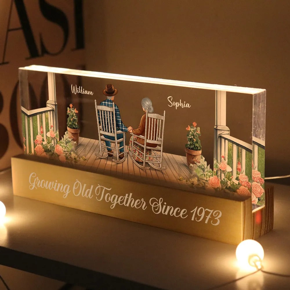 Old Couple Growing Old Together - Personalized 3D LED Light Wooden Base - Gift For Couple