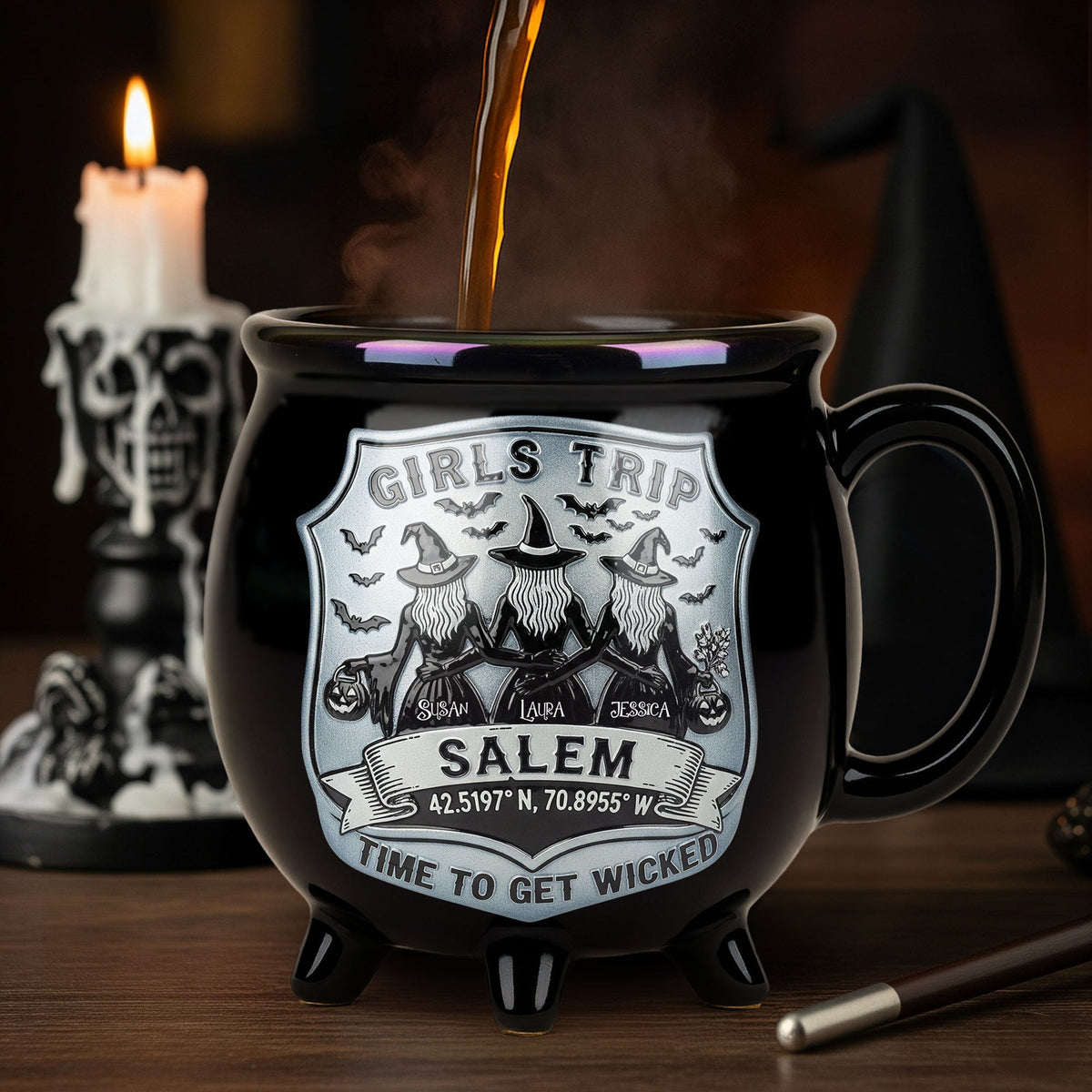 Girls Trip Time To Get Wicked - Personalized Halloween Black Ceramic Witch Mug - Halloween Gift For Sisters, Besties