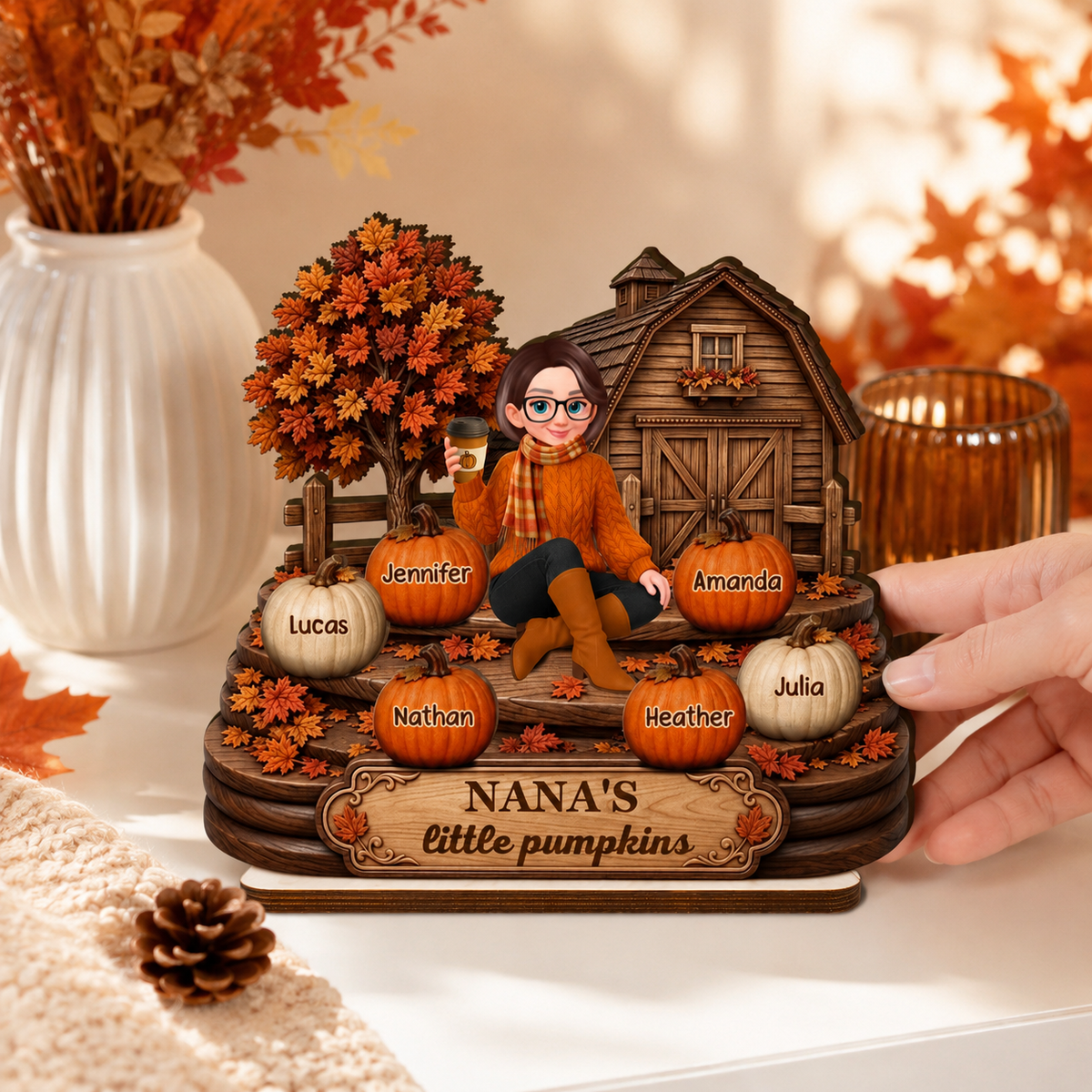 Fall Season Cozy Warm Farmhouse Style Grandma's Little Pumpkins - Personalized 2-Layered Wooden Plaque - Fall Decor For Grandma