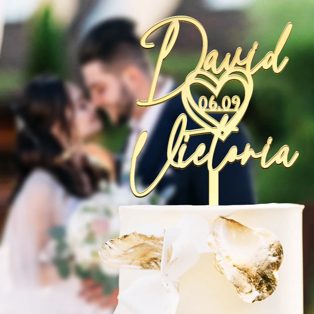 Couple Name With Heart Anniversary Wedding Date - Personalized Cake Topper