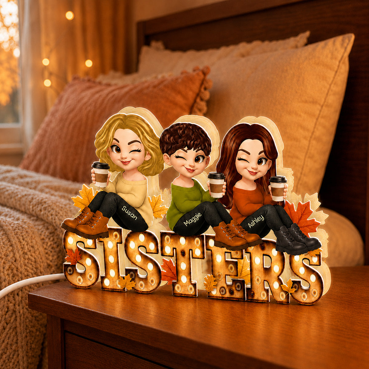 Fall Besties Sitting On Text Marquee Effect Personalized Light Box, Meaningful Gift For Best Friends