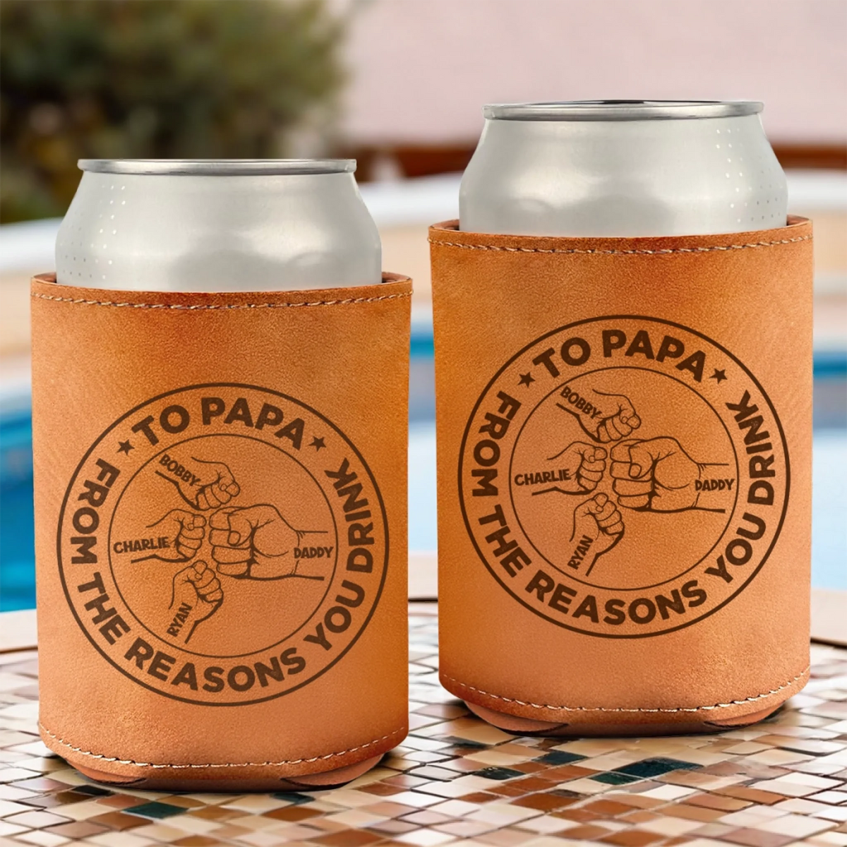 To Papa FromThe Reason You Drink - Personalized Leather Can Cooler - Father's Day, Gift For Dad, Grandpa