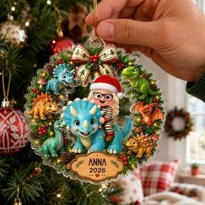 Cute Cartoon Kid With Dinosaur - Personalized Acrylic Ornament - Christmas Gift For Boys, Girls