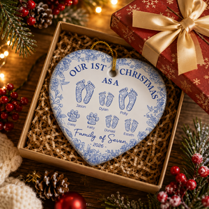 First Christmas As A Family Of Four Toile Footprints - Personalized Heart Ceramic Ornament